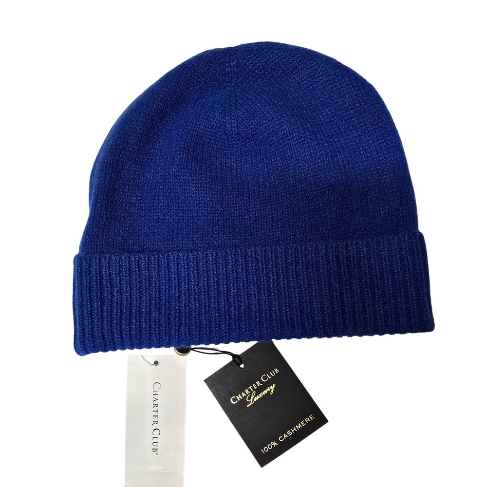 Charter Club Luxury 100% Cashmere Beanie Hat Bright Marine Blue One Size NWT